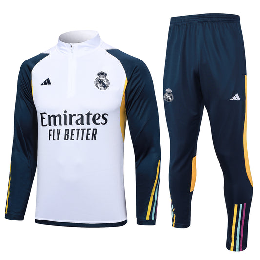 Real Madrid 1/4 Zip Tracksuit Set White/Navy/Yellow