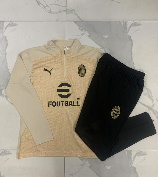 AC Milan 1/4 Zip Tracksuit Set Beige/Gold/Black